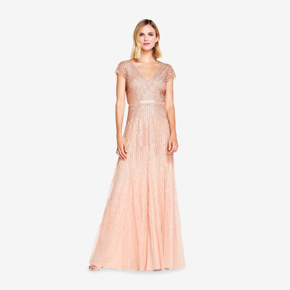 Adrianna Papell BEADED V-NECK GOWN IN BLUSH